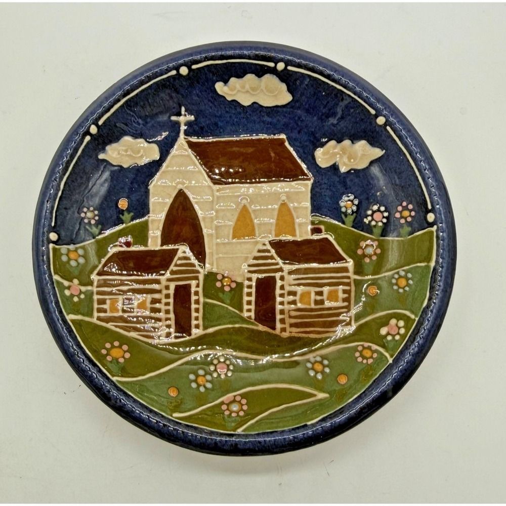 Vintage Earthen Vessel Potters 1988 Terracotta Plate Church Scene Blue Folk Art‎